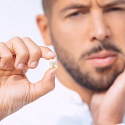 Man in white collared shirt holding his tooth up with one hand and his cheek with the other