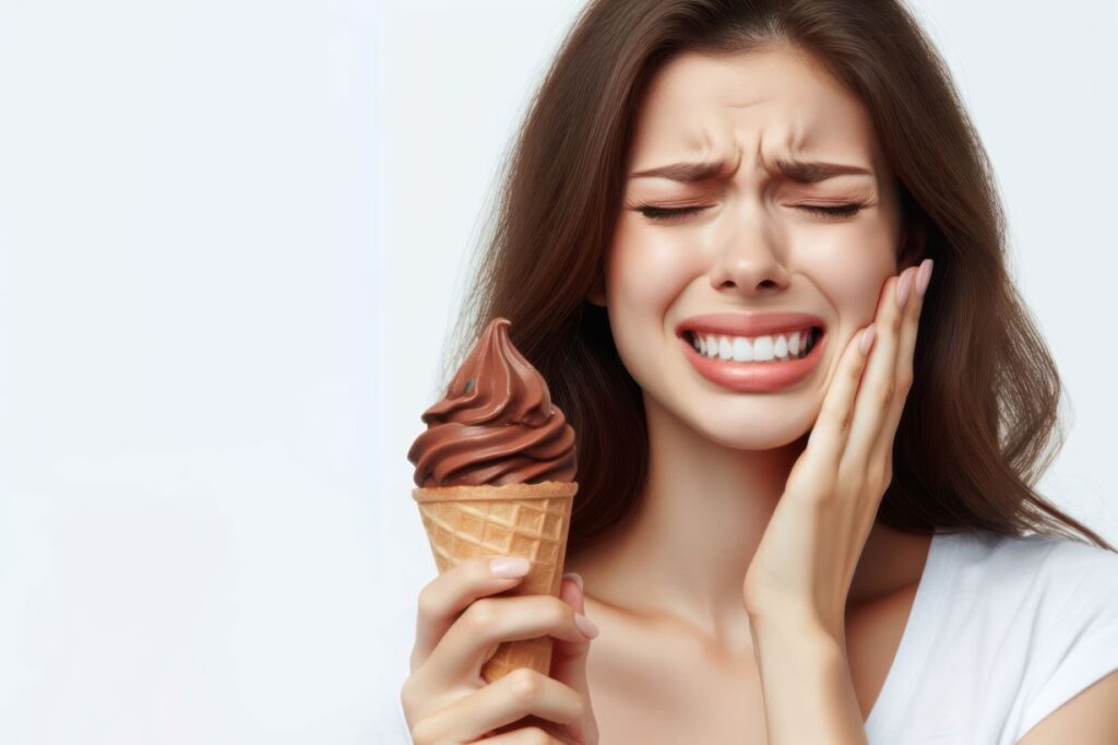 Woman holding her jaw in pain while eating ice cream